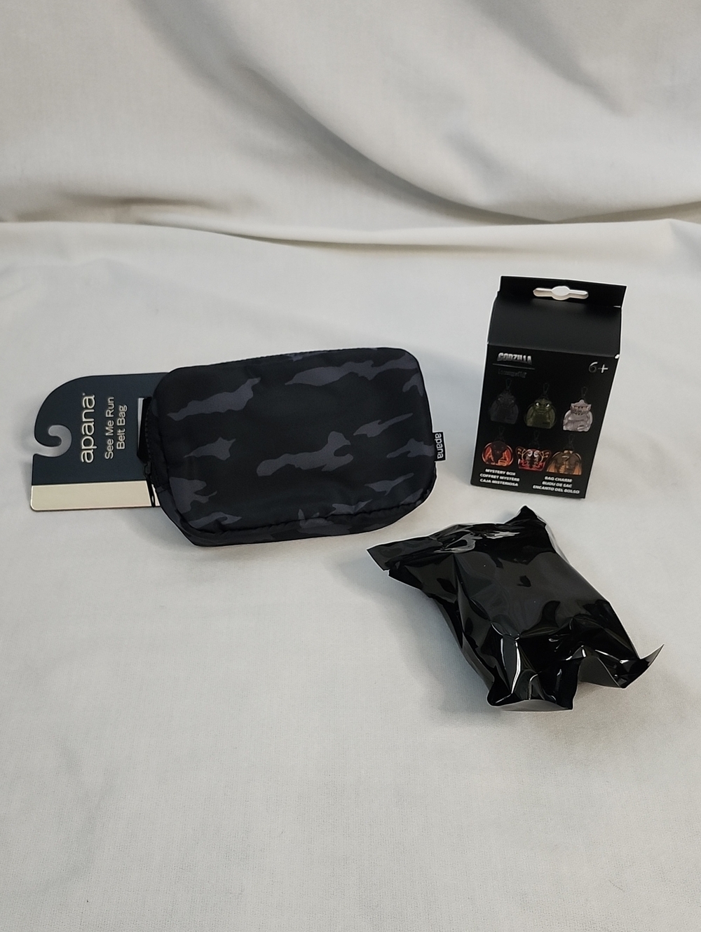 Apana Black Camo Waist Belt Bag w/ Loungefly "Godzilla" Series Mystery Bag Charm